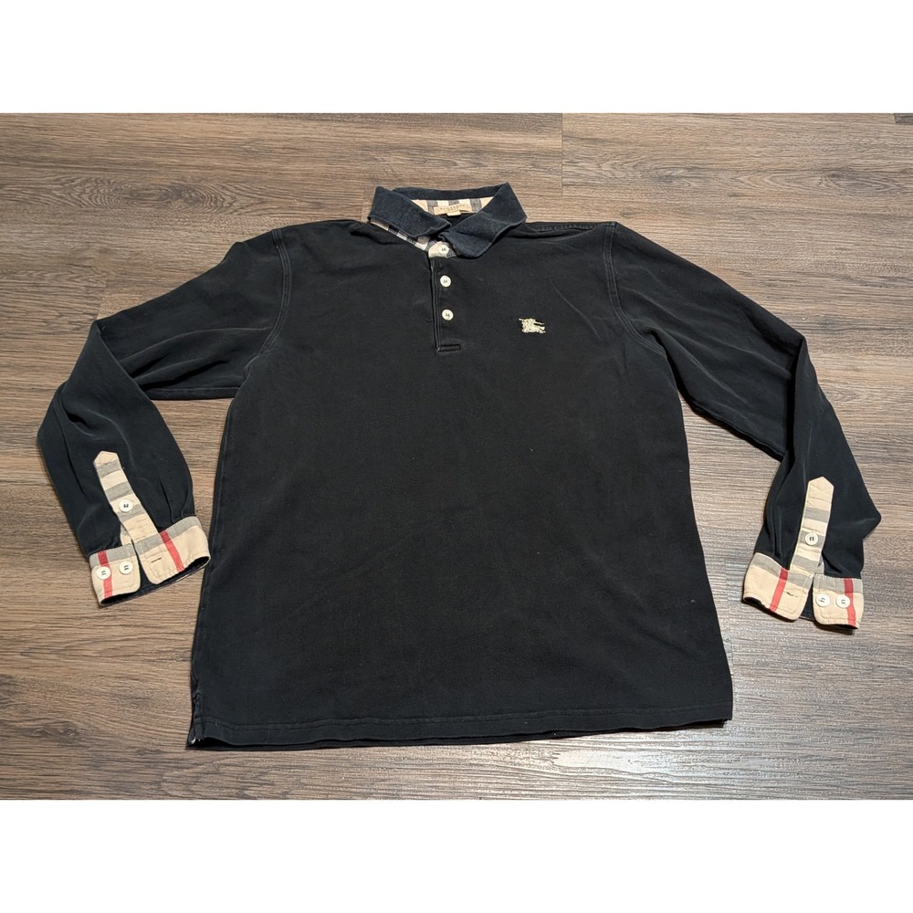 Burberry Brit Mens Long Sleeve Polo Shirt Black Nova Check XL Cotton Knight Logo